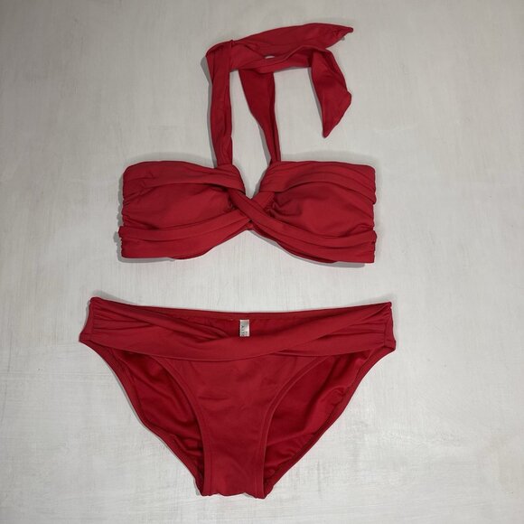 Seafolly Swimsuit Bikini Set Size 12 Red Goddess Twist Bandeau Halter And Bottom - Picture 1 of 6